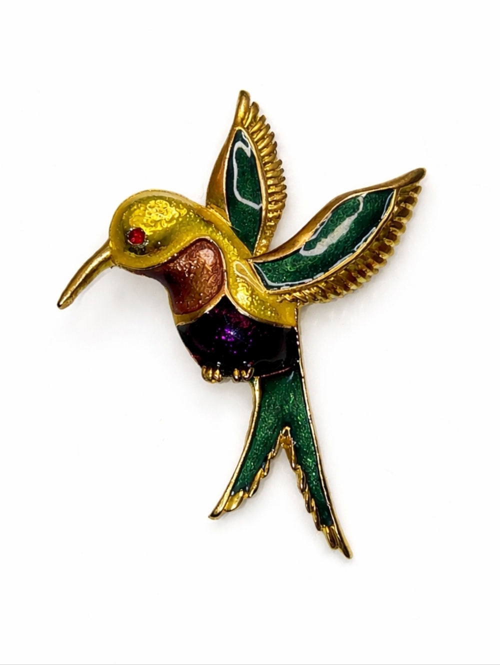 Vintage Hummingbird Enamel Brooch Gold Tone Colorful Bird Pin